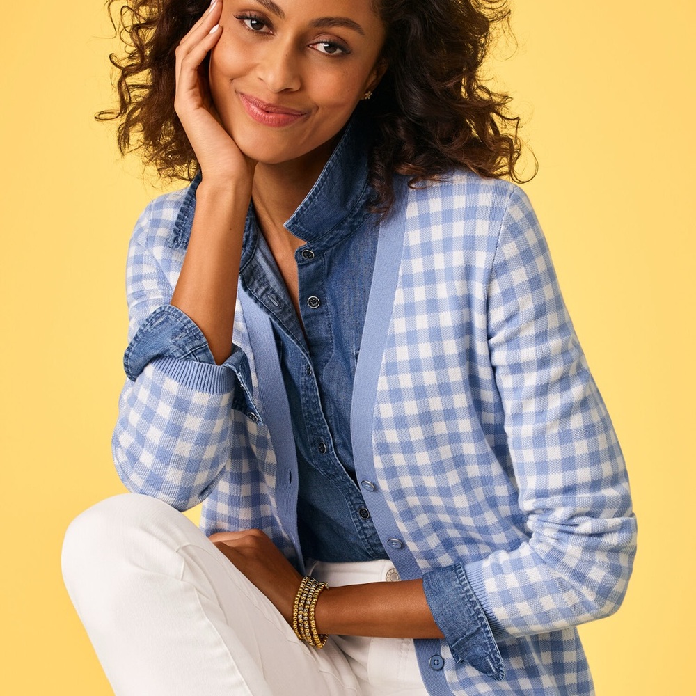 Talbots Blue and White Gingham Girlfriend Cardigan Size Small